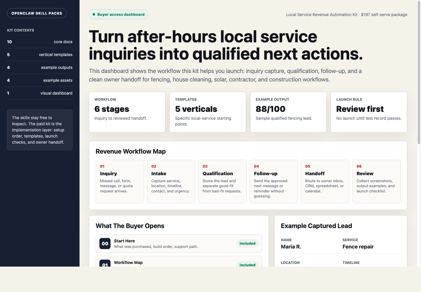 Local Service Revenue Automation DIY Kit buyer dashboard